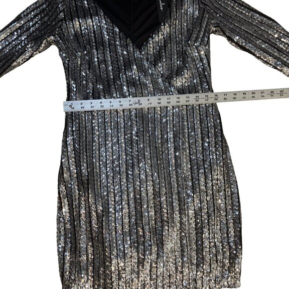 Silver Sequin Long Sleeve Mini Dress With Deep V-Neck Wrap Design & Stretch Wais - Picture 6 of 12
